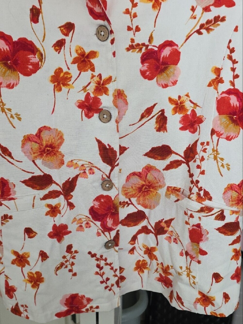 Susan Graver White Button-Front Shirt with Red & Orange Floral Print - Picture 4 of 8
